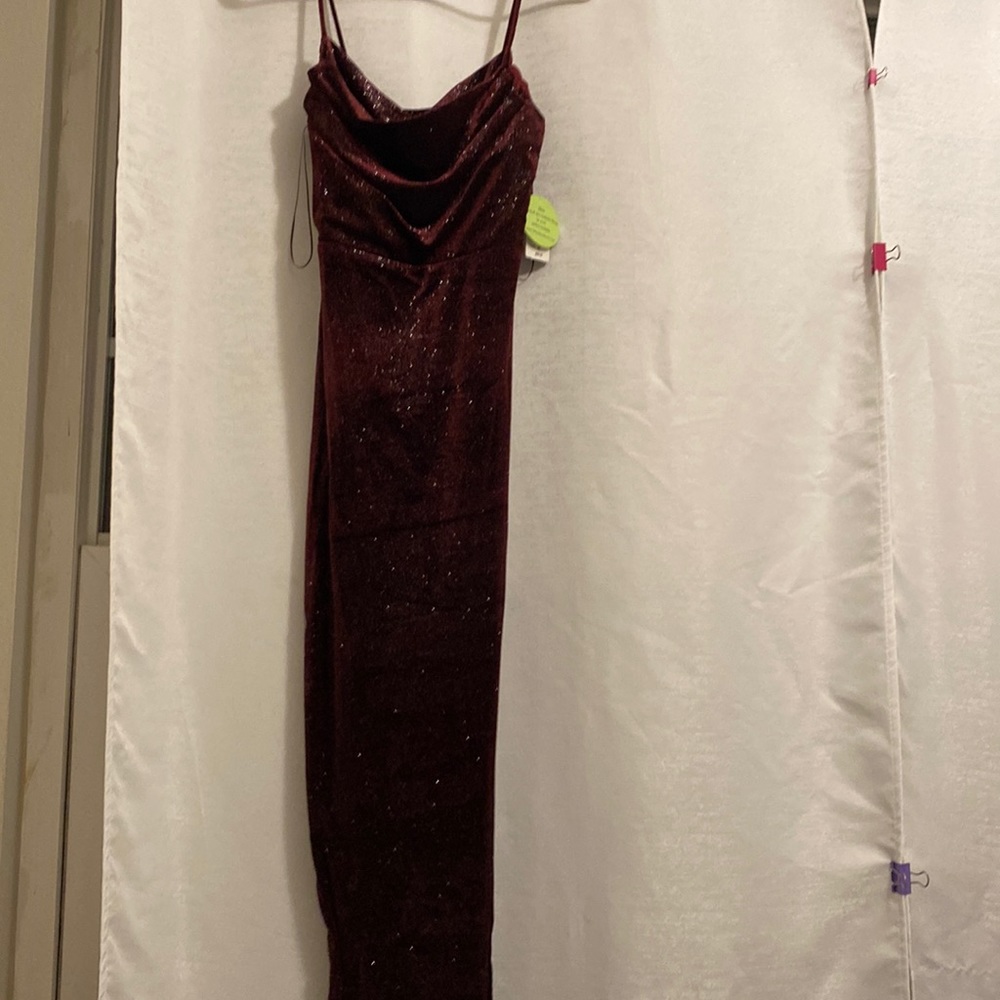 Maroon dress, slit up left leg, size M